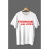Yıkılmaduk Yan Yattuk Baskılı Pamuklu Likralı T-shirt (Kırmızı Yazılı Beyaz) S Beden