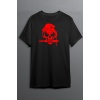 Kurukafa Baskılı Pamuklu Likralı T-shirt (Kırmızı Desenli Siyah) S Beden