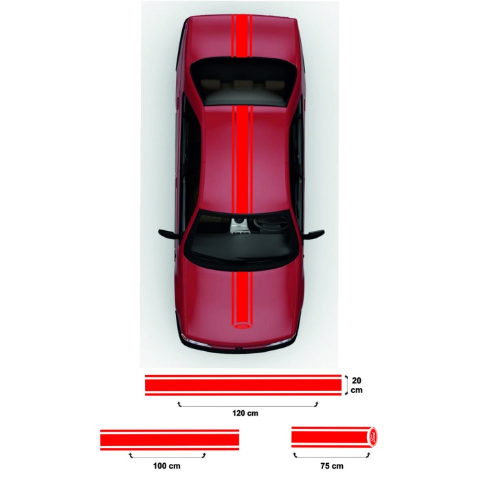 Oto Kaput-Tavan-Bagaj Çift Şerit Sticker 3 Parça Kırmızı 20*120-20*100-75*20 Cm