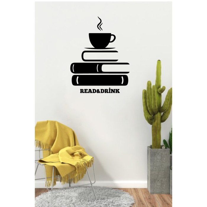 Kahve Ve Kitap Köşesi Duvar Sticker Yapıştırma (Su Ve Nemden Etkilenmez)