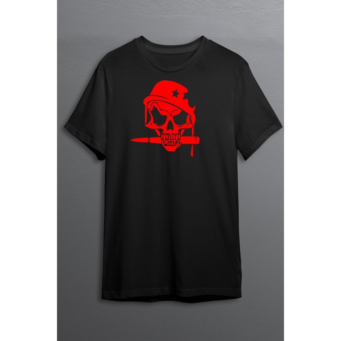 Kurukafa Baskılı Pamuklu Likralı T-shirt (Kırmızı Desenli Siyah) L Beden