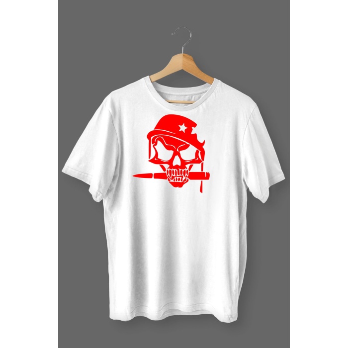 Kurukafa Baskılı Pamuklu Likralı T-shirt (Kırmızı Desenli Beyaz) L Beden
