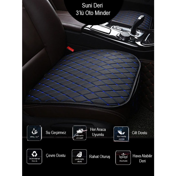 Seat Modellerine Uygun Takım Koltuk Minderi Kılıf Siyah Suni Deri Mavi Dikişli