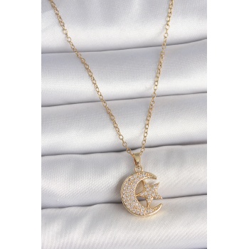 316L Çelik Gold Renk Zincir Zirkon Taşlı Ay Yıldız Model Kadın Kolye - TJ-BKO10107
