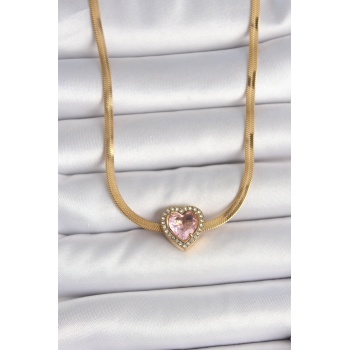 316L Çelik Gold Renk İtalyan Zincir Pembe Zirkon Taşlı Kalp Model Kadın Kolye - TJ-BKO10120
