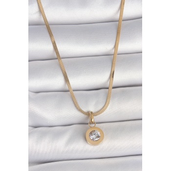 316L Çelik Gold Renk İtalyan Zincir Sallantı Zirkon Taş Model Kadın Kolye - TJ-BKO10124