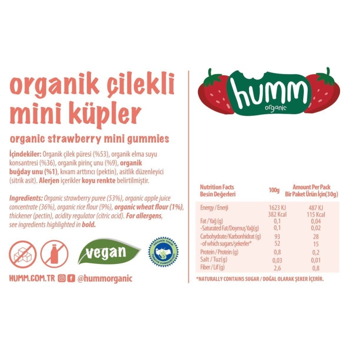 Humm Organik Çilekli Vegan Mini Küpler 30gr