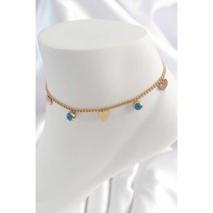 316L Çelik Gold Renk Zincir Model Kalp Figür Nazar Boncuk Detay Kadın HalHal - TJ-HH1528