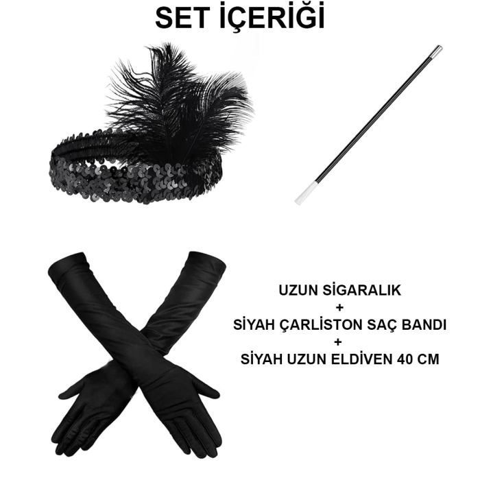192039ler Gatsby Aksesuar Seti – Siyah Charleston Saç Bandı, Uzun Eldiven  Lık