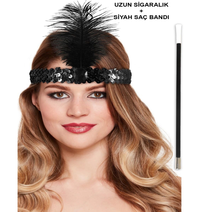 192039ler Gatsby Aksesuar Seti – Siyah Charleston Saç Bandı  Lık