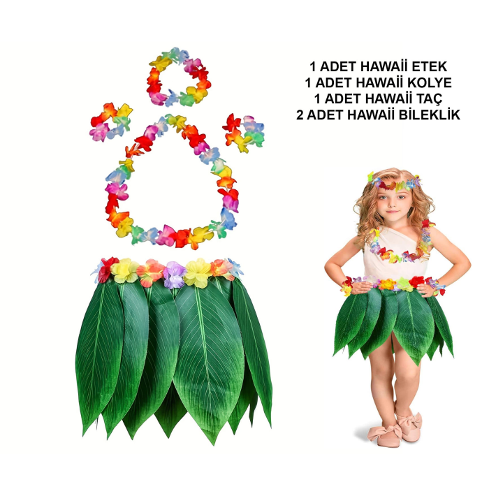 Çocuk Hawaii Kostüm Seti - Yaprak Etek  Hawaii Set - 5 Parça