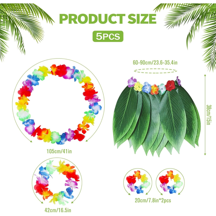 Çocuk Hawaii Kostüm Seti - Yaprak Etek  Hawaii Set - 5 Parça