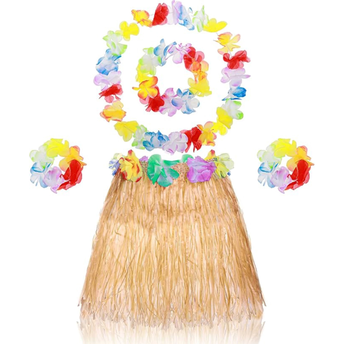 Yetişkin Çocuk Hawaii Parti Seti - 40 Cm Naturel Etek + Çiçek Aksesuarlar (5 Parça)