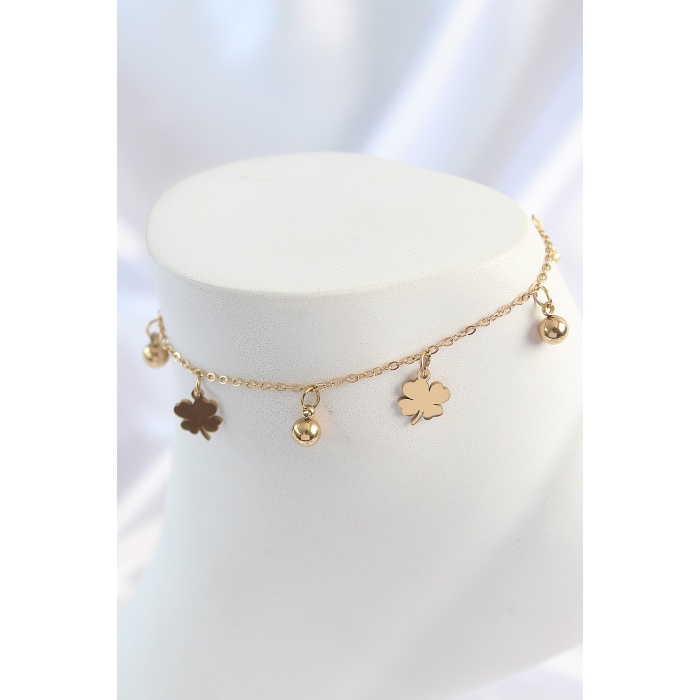 316L Çelik Gold Renk Sallantı Topçuk Yonca Model Kadın Halhal - TJ-HH1639