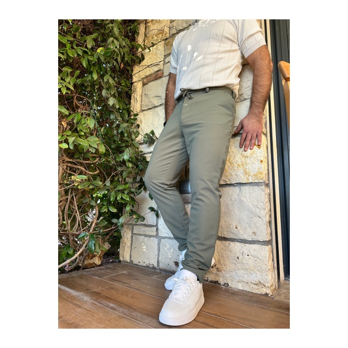 Erkek Jogger Pantolon Yeşil Italyan Kesim, Beli Kemerli Lastikli Bağcıklı Yüksek Kaliteli