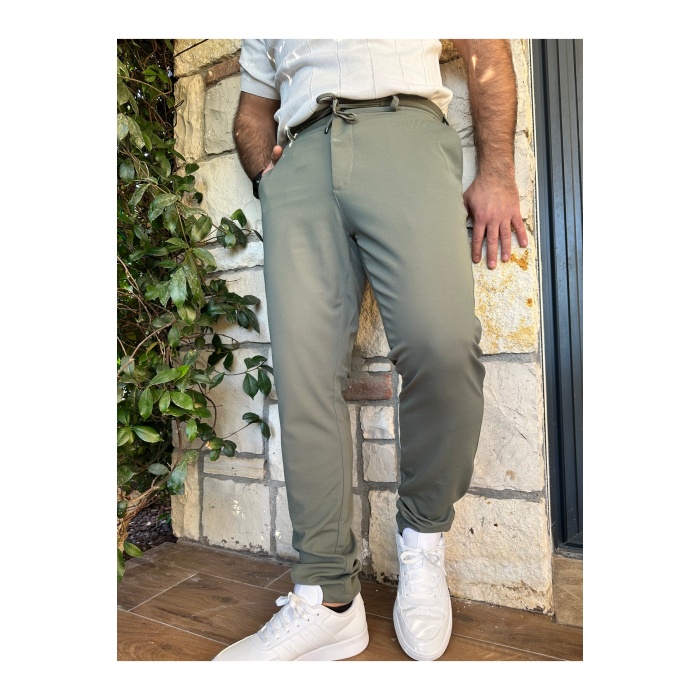 Erkek Jogger Pantolon Yeşil Italyan Kesim, Beli Kemerli Lastikli Bağcıklı Yüksek Kaliteli