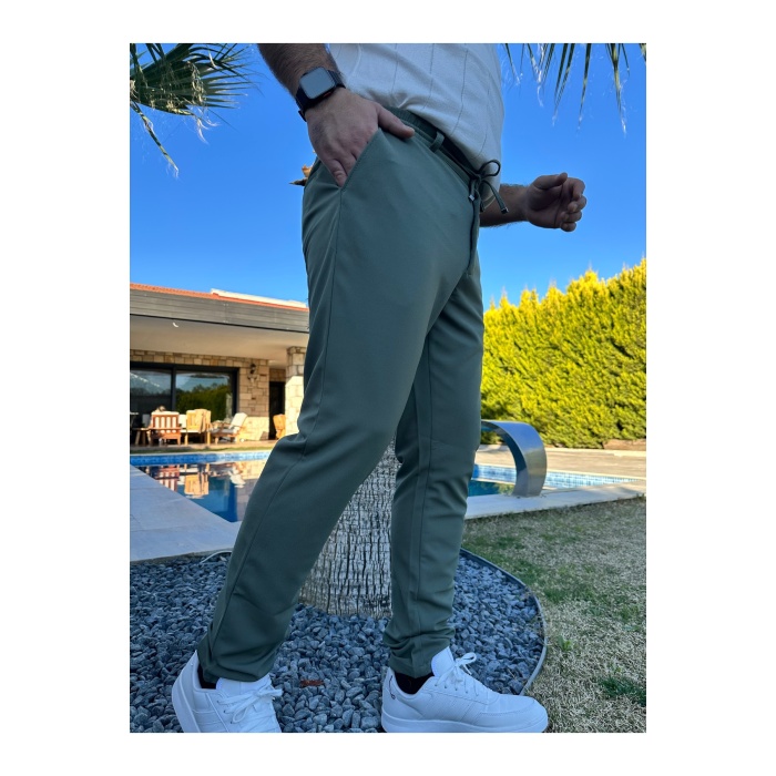 Erkek Jogger Pantolon Yeşil Italyan Kesim, Beli Kemerli Lastikli Bağcıklı Yüksek Kaliteli