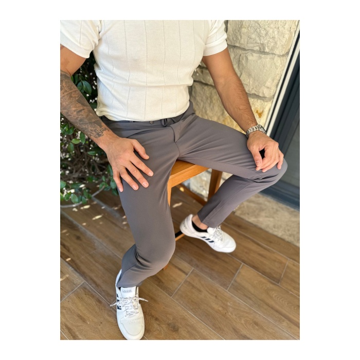 Erkek Jogger Pantolon Füme Italyan Kesim Beli Kemerli Lastikli Bağcıklı Yüksek Kaliteli