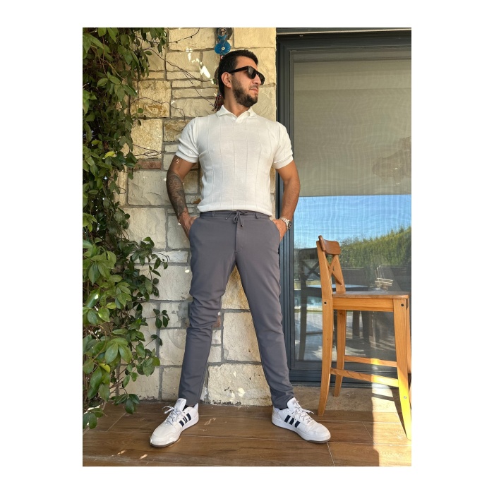 Erkek Jogger Pantolon Füme Italyan Kesim Beli Kemerli Lastikli Bağcıklı Yüksek Kaliteli