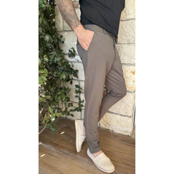 Erkek Jogger Pantolon Vizon Italyan Kesim, Beli Kemerli Lastikli Bağcıklı Düğmeli Yüksek Kaliteli