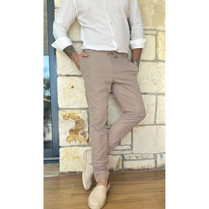 Erkek Jogger Pantolon Vizon Italyan Kesim, Beli Kemerli Lastikli Bağcıklı Düğmeli Yüksek Kaliteli