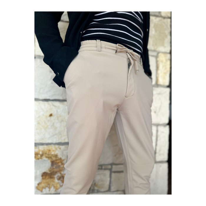Erkek Jogger Pantolon Bej Beli Kemerli ,yarım Lastikli Bağcıklı Yüksek Kalite Joger