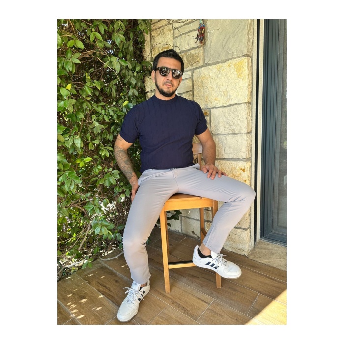 Erkek Jogger Pantolon Açık Gri Italyan Kesim ,beli Kemerli Lastikli Bağcıklı Yüksek Kaliteli