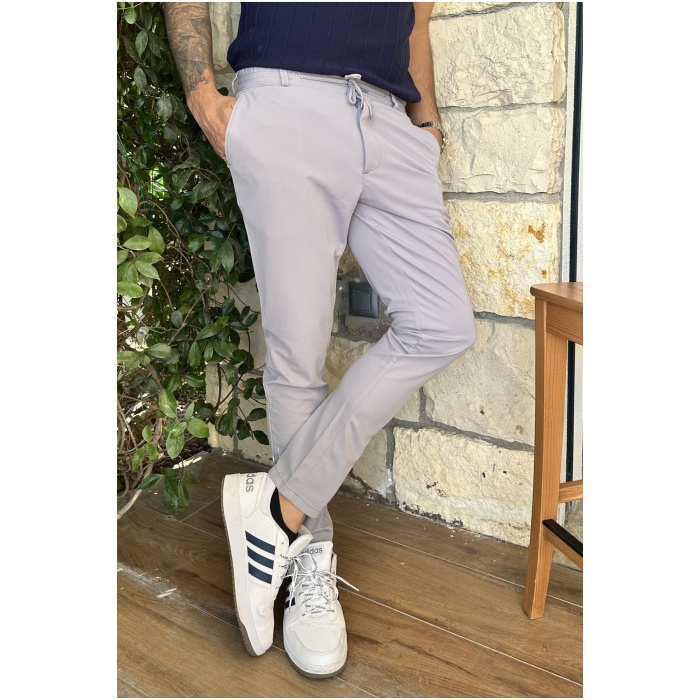 Erkek Jogger Pantolon Açık Gri Italyan Kesim ,beli Kemerli Lastikli Bağcıklı Yüksek Kaliteli