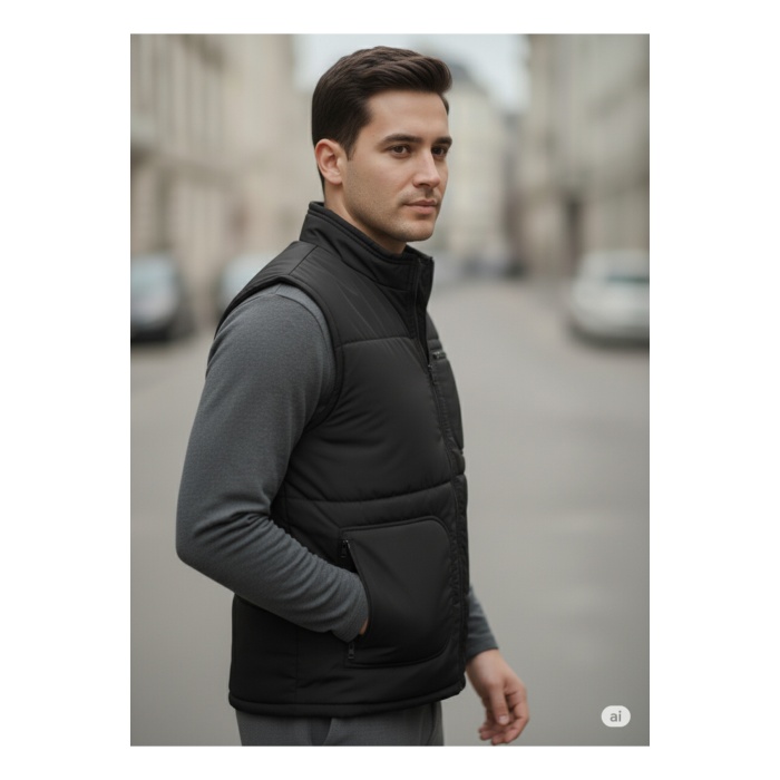 Erkek İçi Polarlı Siyah Yelek ,Su Geçirmez 4 Cepli Yelek