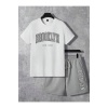 Brooklyn New York Beyaz T-Shirt Gri Şort - Şortlu Tişört Alt Üst Takım Baskılı Bisiklet Yaka