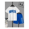 Brooklyn New York Beyaz T-Shirt Sax Mavi Şort - Şortlu Tişört Alt Üst Takım Baskılı Bisiklet Yaka