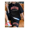 Boston International T-Shirt Şort - Siyah Şortlu Tişört Alt Üst Takım Baskılı Oversize Bisiklet Yaka