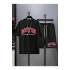 Boston International T-Shirt Şort - Siyah Şortlu Tişört Alt Üst Takım Baskılı Oversize Bisiklet Yaka