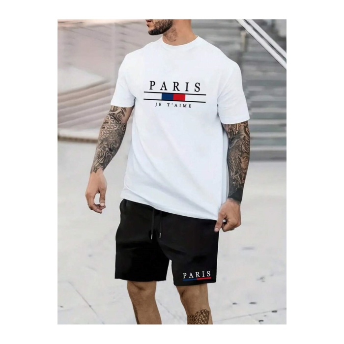 Erkek Paris Jetaime Baskılı T-shirt-Şort Takım