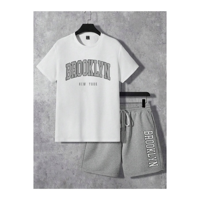 Brooklyn New York Beyaz T-Shirt Gri Şort - Şortlu Tişört Alt Üst Takım Baskılı Bisiklet Yaka