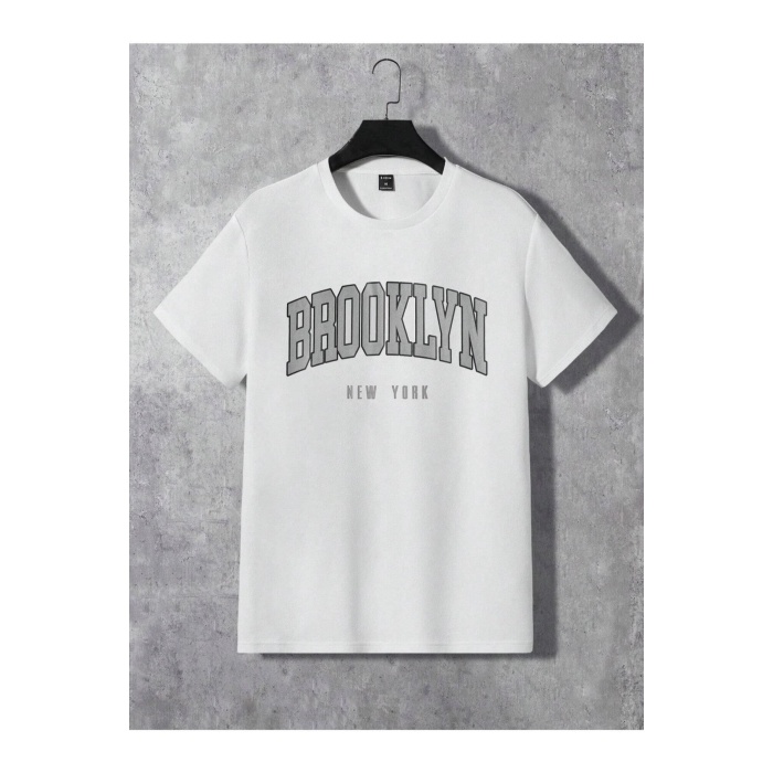 Brooklyn New York Beyaz T-Shirt Gri Şort - Şortlu Tişört Alt Üst Takım Baskılı Bisiklet Yaka