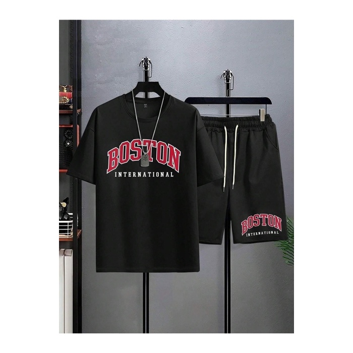 Boston International T-Shirt Şort - Siyah Şortlu Tişört Alt Üst Takım Baskılı Oversize Bisiklet Yaka