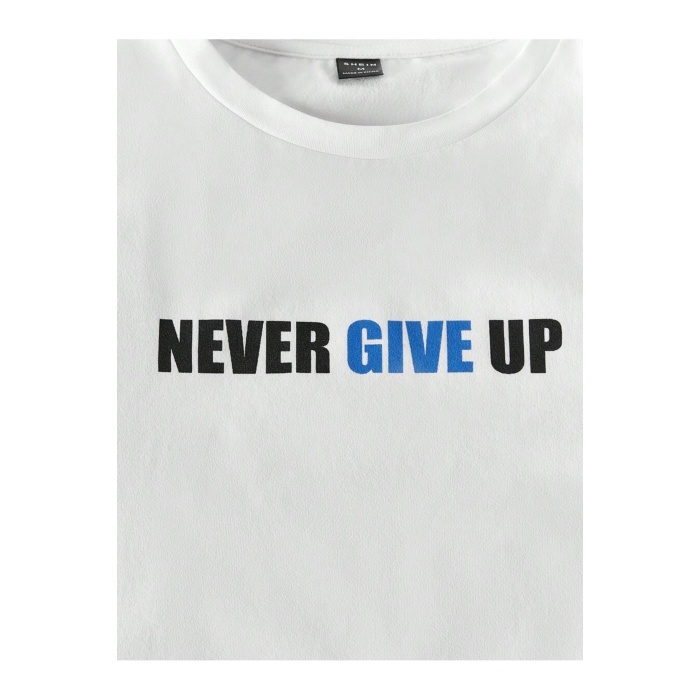 Erkek Beyaz Sax Mavi Oversize Never Give Up Baskılı Bisiklet Yaka Kısa Kollu T-shirt Şort Takımı