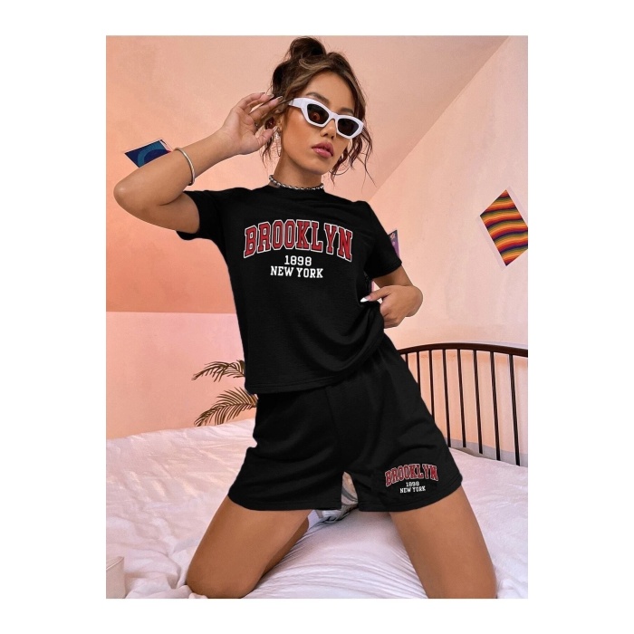 Brooklyn 1898 N.Y T-shirt Şort - Siyah Şortlu Tişört Alt Üst Takım Baskılı Oversize Bisiklet Yaka