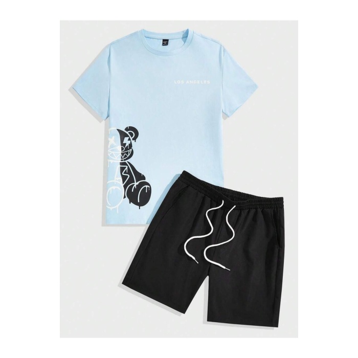Erkek Bebe Mavi Siyah Oversize Küçük Ayı Baskılı Baskılı  Bisiklet Yaka T-shirt Şort Takımı