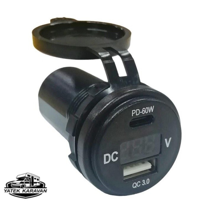 USB + Type-C + Voltmetre 12-24V Şarj Soketi