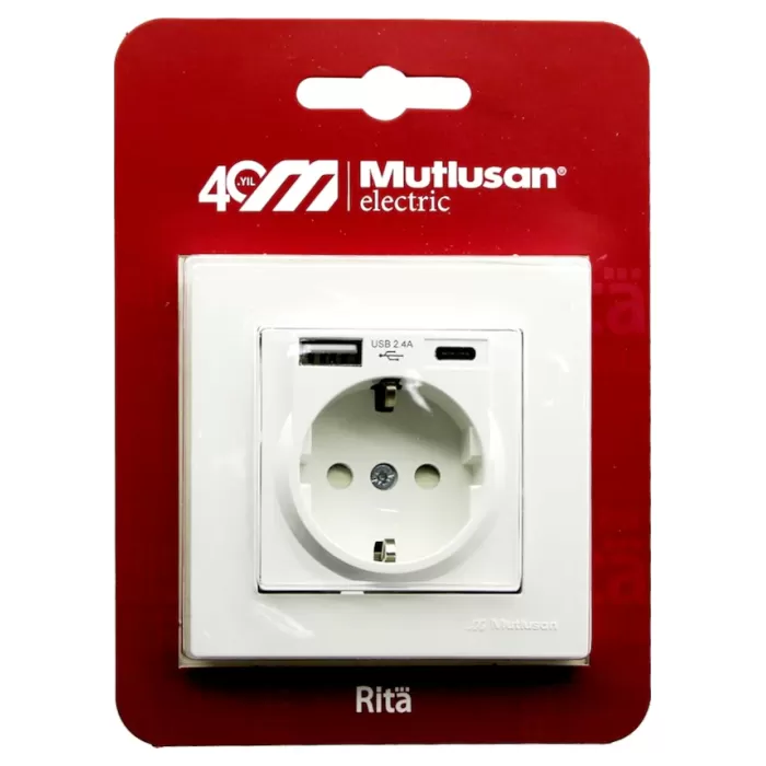 Mutlusan Rita Serisi Beyaz Type-C Usb Şarj Çıkışlı Topraklı Priz