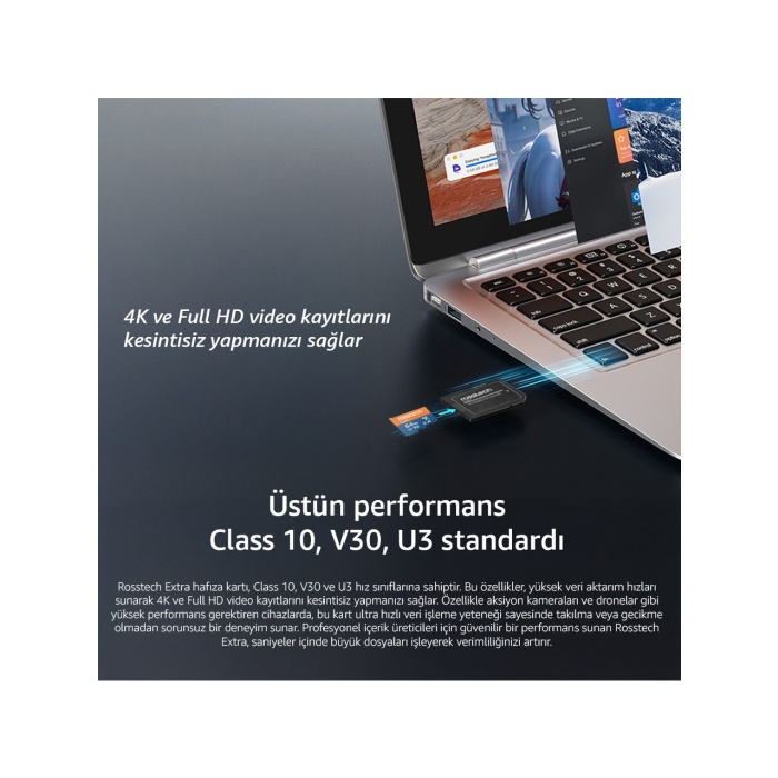 Rosstech Extra 64GB Micro Sdxc V30 Uhs-3 C10 100MB/SN + Adaptörlü Hafıza Kartı