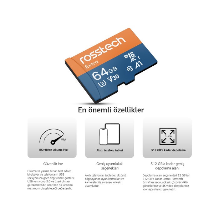 Rosstech Extra 64GB Micro Sdxc V30 Uhs-3 C10 100MB/SN + Adaptörlü Hafıza Kartı