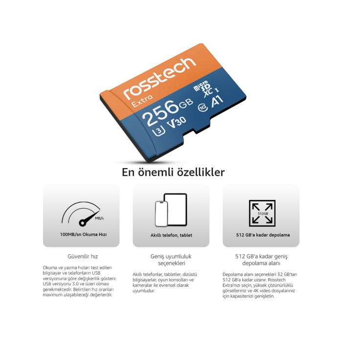 Rosstech Extra 256GB Micro Sdxc V30 Uhs-3 C10 100MB/SN + Adaptörlü Hafıza Kartı