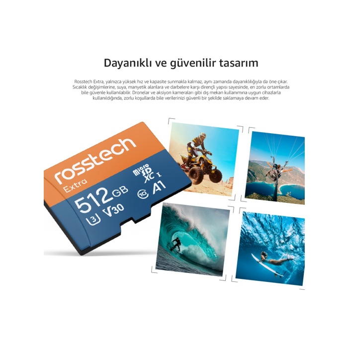 Rosstech Extra 512GB Micro Sdxc V30 Uhs-3 C10 100MB/SN + Adaptörlü Hafıza Kartı