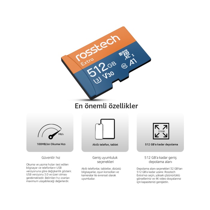Rosstech Extra 512GB Micro Sdxc V30 Uhs-3 C10 100MB/SN + Adaptörlü Hafıza Kartı