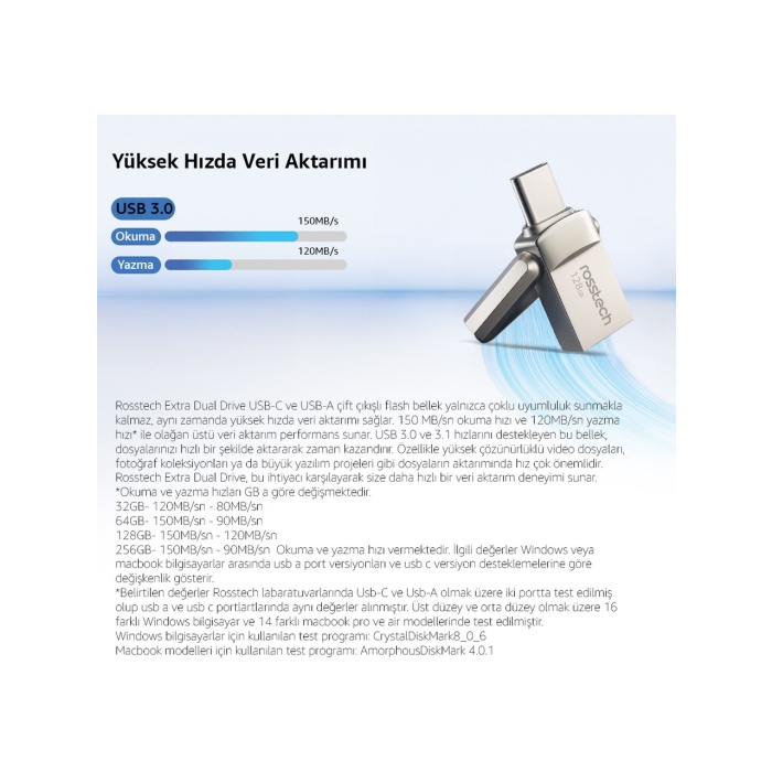 Rosstech Extra Dual Drive 128GB USB 3.0 To Type-C 150MB-SN Flash Bellek