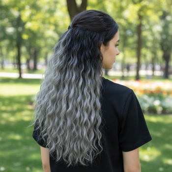 Fiber Sentetik Kabarık Dalgalı Yarım Ay + 2 Yan Çıt Çıt - Siyah Gri Ombreli