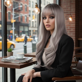 Doğal Dalgalı Perçemli Fiber Sentetik Uzun Boy Peruk - Koyu Kumral / Açık Rus Kumralı Ombre ve Röfleli